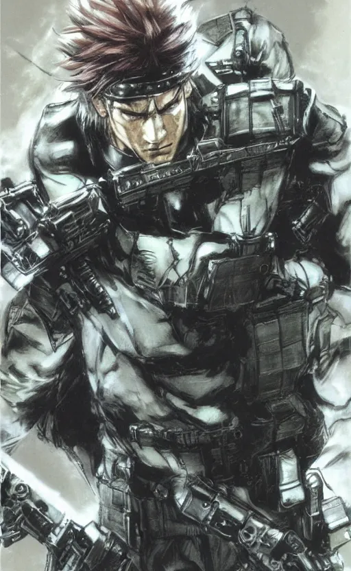 Prompt: solid snake by yoshitaka amano, final fantasy metal gear cover art, concept art