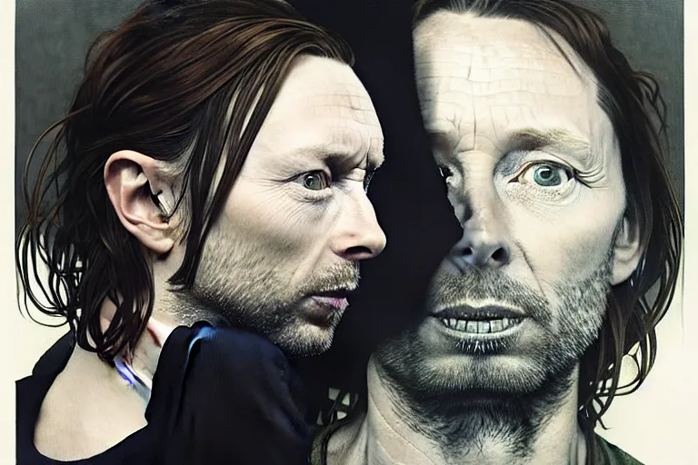 Image similar to hyper realistic portrait of thom yorke tilda swildon, bigger forehead, bigger chin, from the side, by lee bermejo, alphonse mucha and greg rutkowski