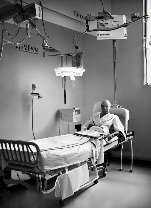 Prompt: an award winning photo of a bald 4 5 year old woman hospital patient laying in a hospital bed, wearing a hospital gown, with an iv drip, hopeful. marketing photo by charlie waite, max rive, caroline foster.