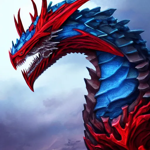 Image similar to a majestic dragon with azure blue eyes, iron claws, golden wings and scarlet red skin, hd, 4k, trending on artstation, award winning, 8k, 4k, 4k, very very very detailed, high quality digital art