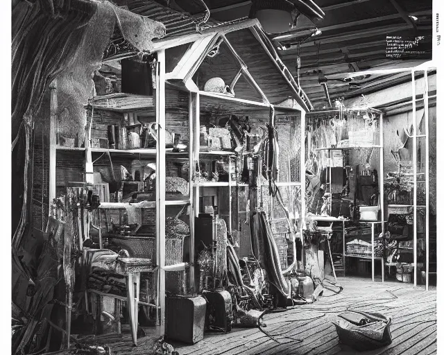 Image similar to IKEA catalogue photo of a cyberpunk shed, by Gustav Dore