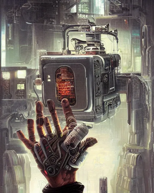 Image similar to a painting of a man holding a machine in his hands, cyberpunk art by jason edmiston and by michael komarck and by jarosław jasnikowski, cgsociety, neoplasticism, lovecraftian, future tech, circuitry