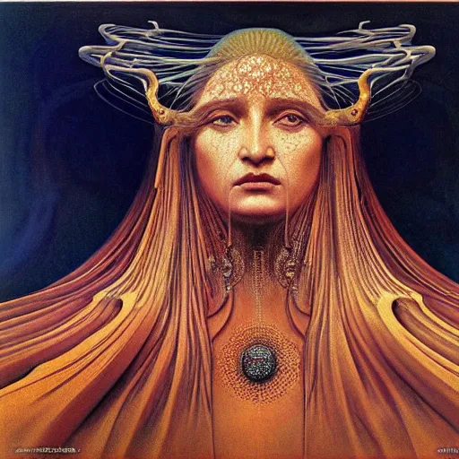 Prompt: queen of jupiter by zdzisław beksinski, zaha hadid and alphonse mucha. highly detailed, hyper - real, beautiful