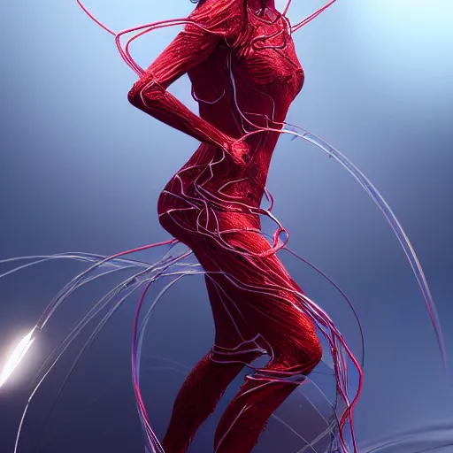 Image similar to a highly detalied digital image of a beautiful futuristic woman elegantly tangled in fiery red threads, by Andrew Chiampo, artstation, and Frederik Heyman, extremely detailed woman, stunning volumetric lighting, hyper realism, fantasy 4k, 8k