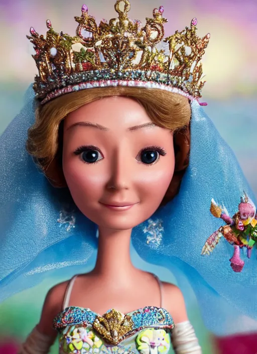 Prompt: closeup face profile portrait of tin toy felicity kendal as a fairytale princess wearing a crown eating cakes, bikini, depth of field, zeiss lens, detailed, symmetrical, centered, fashion photoshoot, by nicoletta ceccoli, mark ryden, lostfish, breathtaking, 8 k resolution, extremely detailed, beautiful, establishing shot, artistic, hyperrealistic, octane render