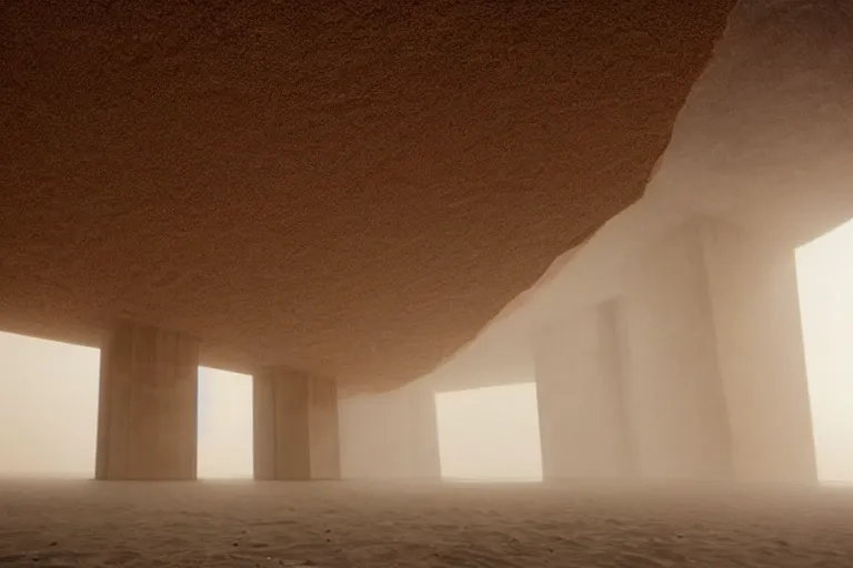 Prompt: inside a monolithic building, open wall architecture, sand storm inside, high winds, concrete pillars, ancient sci - fi elements, on an alien planet, sun is blocked by dust, pale orange colors, cinematographic wide angle shot, directed by christopher nolan