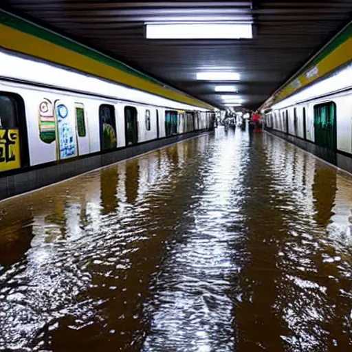 Prompt: photo of a subway station, the floor is flooded with one meter deep water. eerie