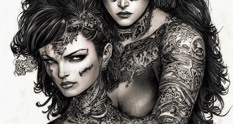Image similar to a beautiful portrait of a woman with many tattoos, in ornate armor, Travis Charest style