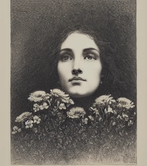 Image similar to black and white, portrait of a woman eyes in flowers, Gustave Dore lithography