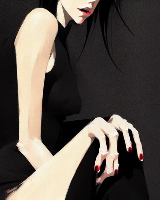 Image similar to a ultradetailed beautiful portrait panting of a stylish woman in a black dress sitting, by conrad roset, greg rutkowski and makoto shinkai trending on artstation