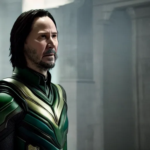Image similar to film still of Keanu Reeves as Loki in Avengers Endgame