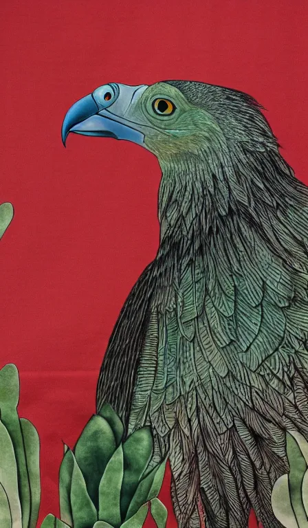 Prompt: close up of turkey vulture sitting on cactus by Shen Quan, hanging scroll, ink and colours on silk