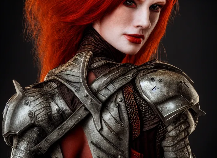 Prompt: 5 5 mm photo of an armored redhead woman with a lizard sitting on her shoulder by luis royo. highly detailed 8 k. intricate. lifelike. soft light. nikon d 8 5 0. cinematic post - processing