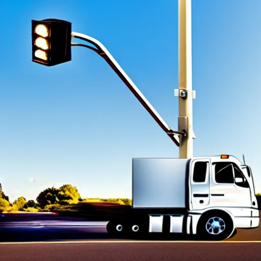 Prompt: truck above a street light pole