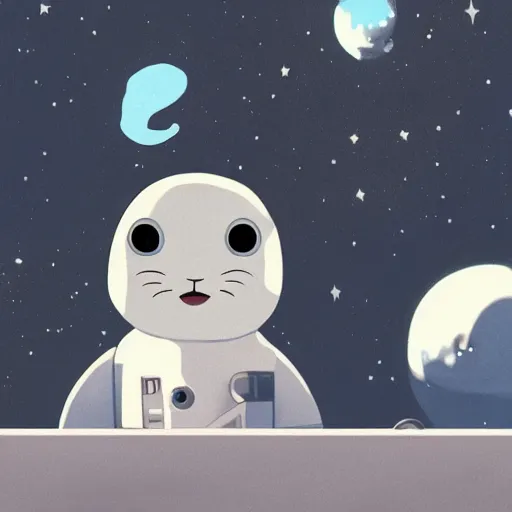 Prompt: scared baby harp seal dressed as an astronaut floating far away from a spaceship, alone in deep space, black bacgkground with scattered stars, lonely, scary, wide shot, atey ghailan, goro fujita, studio ghibli, ominous, dark lighting, clear focus, very coherent,