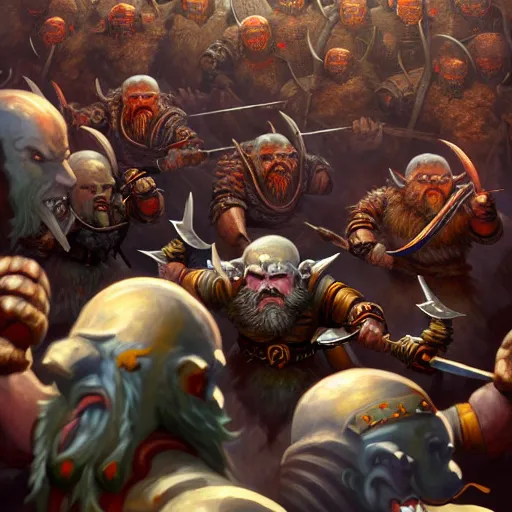 Image similar to painting of a single dwarven berserker facing a crew of crazy goblin warriors in deadly combat on a gladiator pit, sharp focus, high symmetry, award - winning, trending on artstation, masterpiece, highly detailed, intricate. art by mark tedin