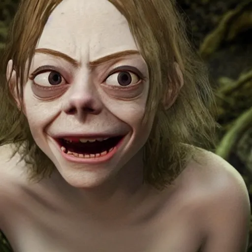 Image similar to emma stone is gollum from lord of the rings, gollum look a like, the hobbit gollum, LOTR, big eyes, 3 strands of hair, bad teeth, 8k, ultra real