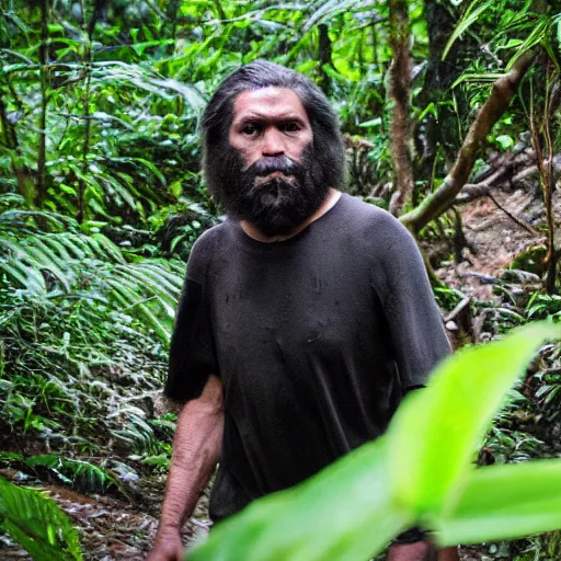 Prompt: george washington cave man, piercing eyes, walking towards camera in the jungle, wildlife camera