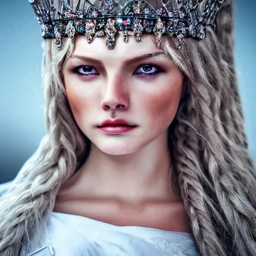 Prompt: beautiful nordic queen, eye contact ,highly detailed, 4k, HDR, smooth, sharp focus, hyper realistic, high resolution, award-winning photo