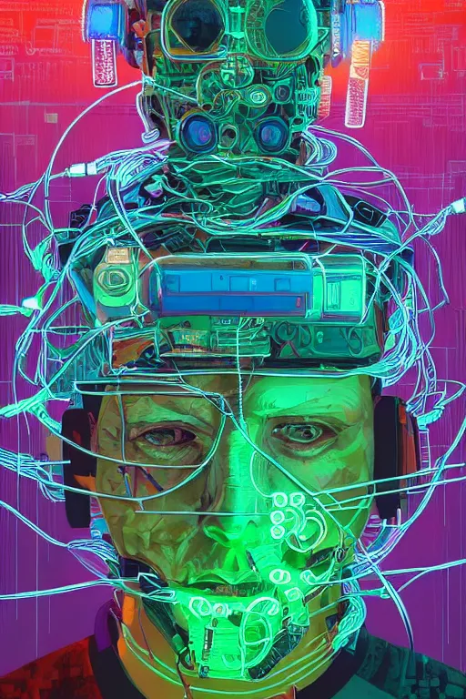 Prompt: stunning highly detailed portrait of a neuromancer billy gaat with cyber headgear surrounded by wires, neon colors, oil on canvas, strong lighting, by Josan Gonzalez, HD, 4K