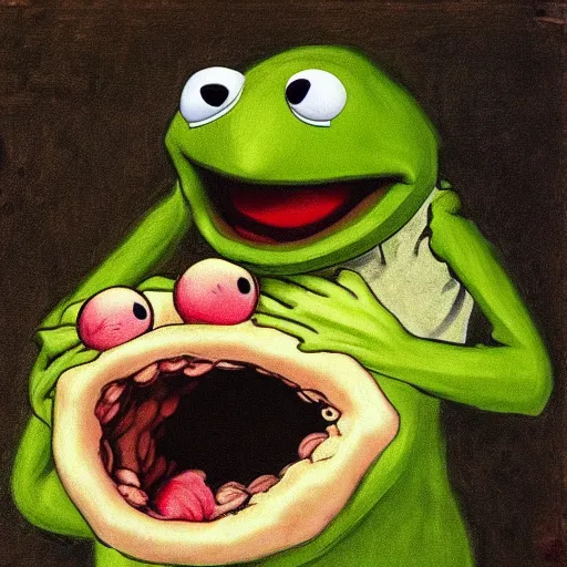 Image similar to “Kermit the Frog Devouring His Son” by Francisco Goya, in the style of “Saturn Devouring His Song”, fresco, horror