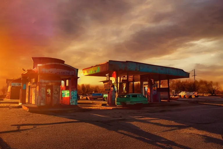 Image similar to a sunset light landscape with historical route 6 6, lots of sparkling details and sun ray ’ s, blinding backlight, smoke, volumetric lighting, colorful, octane, 3 5 mm, abandoned gas station, old rusty pickup - truck, beautiful epic colored reflections, very colorful heavenly, softlight