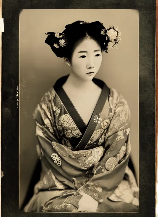 Image similar to a wet plate portrait of a young asiatic woman, geisha, traditional dress, flowers, photorealistic, cinematic light, highly detailed, smooth, sharp focus, illustration, shallow depth of field