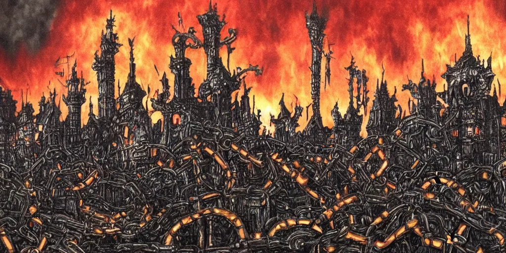 Image similar to Chained fantasy city in hell, by Carl Laubin, with blackened steel chains rising to the sky and castles. Dramatically lit, with intricate details and colours of flame and smoke