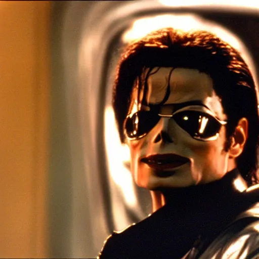 Prompt: michael jackson as the t - 1 0 0 0 in terminator 2, photo, still frame, cinematic