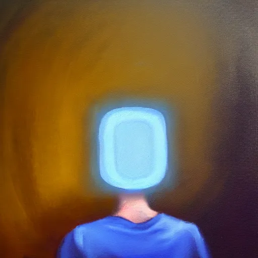 Image similar to discord moderator sitting in front of screen, blue light filling the dark room, oil painting