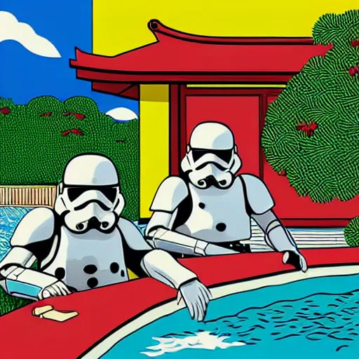 Image similar to hyperrealism composition of the japanese house with a hot springs in the garden, two detailed stormtroopers bathe in a hot spring, pop - art style, jacky tsai style, andy warhol style, roy lichtenstein style, round canvas, acrylic on canvas