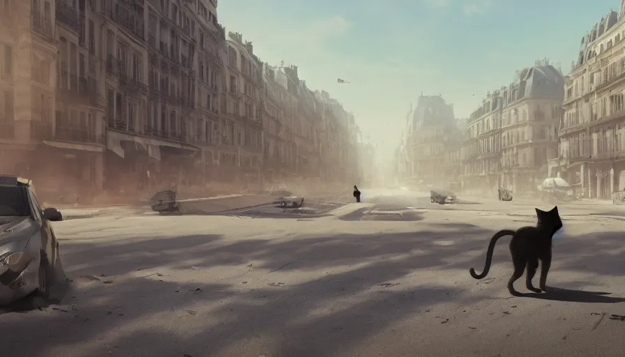 Image similar to cats crossing empty dusty streets of abandoned paris, heat wave, hyperdetailed, artstation, cgsociety, 8 k