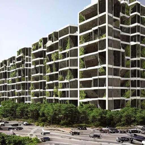 Prompt: “Eco-brutalist (Brutalism with lots of plants, vines and planters) public housing in New Delhi, photorealistic, hyper realistic, cinematic lighting, 8K resolution”