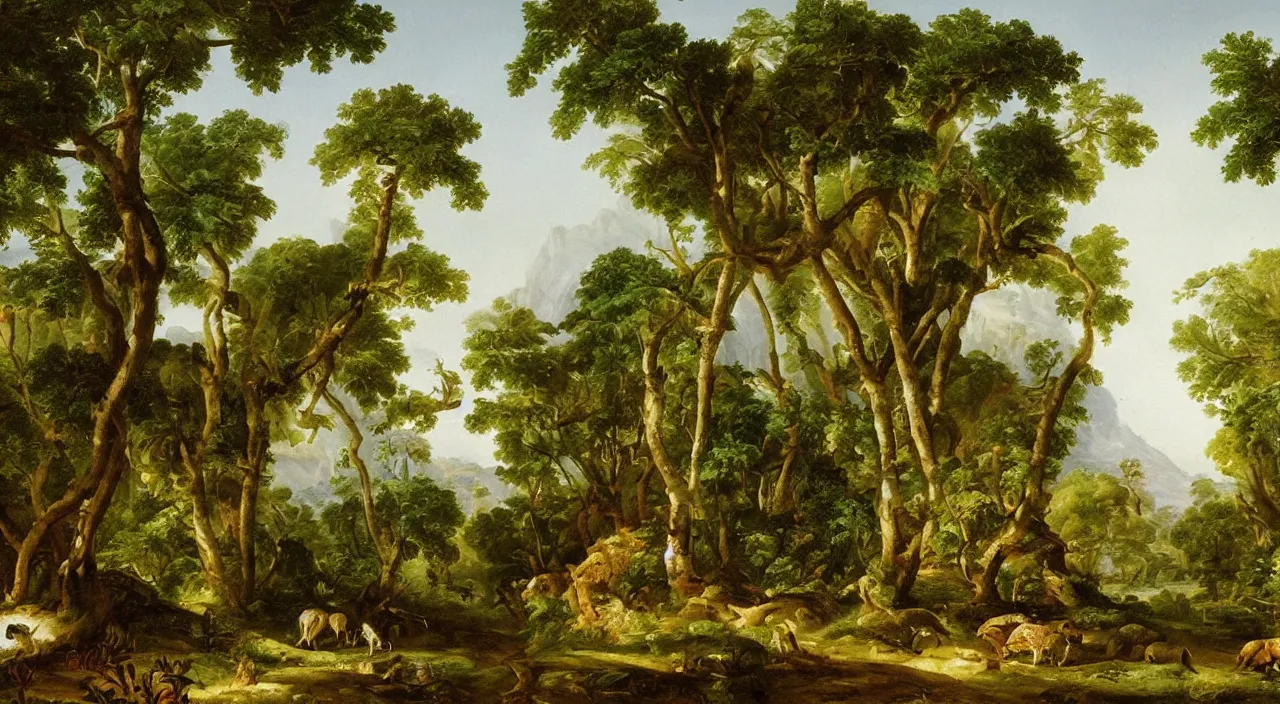 Image similar to a beautiful painting of tropical plants and animals, by asher brown durand