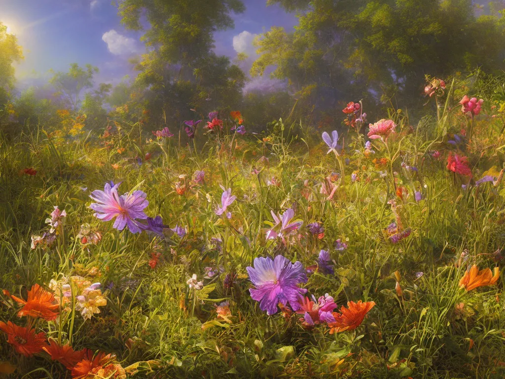 Image similar to sunlight study, wildflower undergrowth, art nouveau, by jan davidz de heem and martin johnson heade ( ( ( ( ( lisa frank ) ) ) ) ), 8 k, sharp focus, octane render, kauai