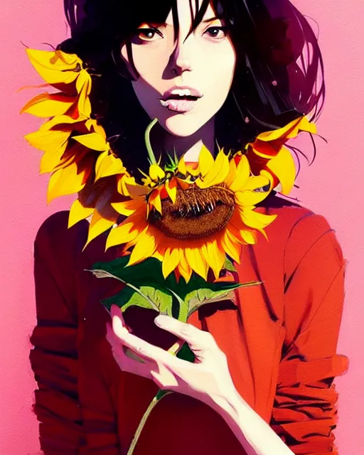 Image similar to a ultradetailed beautiful panting of a stylish woman holding a sunflower, by conrad roset, greg rutkowski and makoto shinkai, trending on artstation