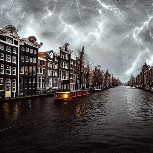 Image similar to amsterdam during a storm, very realistic, photorealistic, cinematic