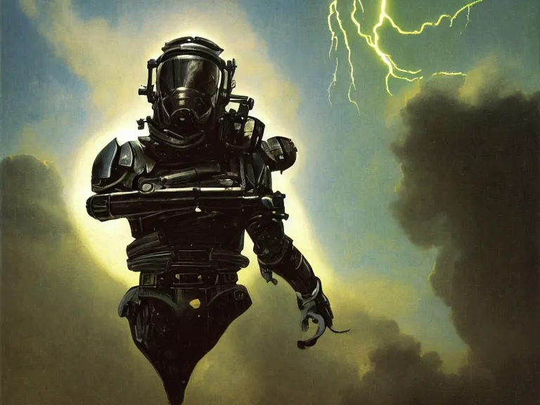 Image similar to a detailed profile painting of a bounty hunter in armour and visor, cinematic sci-fi poster. Flight suit, anatomy portrait symmetrical and science fiction theme with lightning, aurora lighting clouds and stars. Clean and minimal design by beksinski carl spitzweg and tuomas korpi. baroque elements. baroque element. intricate artwork by caravaggio. Oil painting. Trending on artstation. 8k