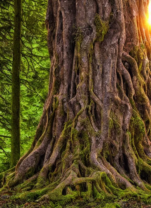 Image similar to photograph of hyperrealistic hyperdetailed ancient tree morphing into a beautiful kind face covered with bark and moss, in a dark mysterious forest at sunset