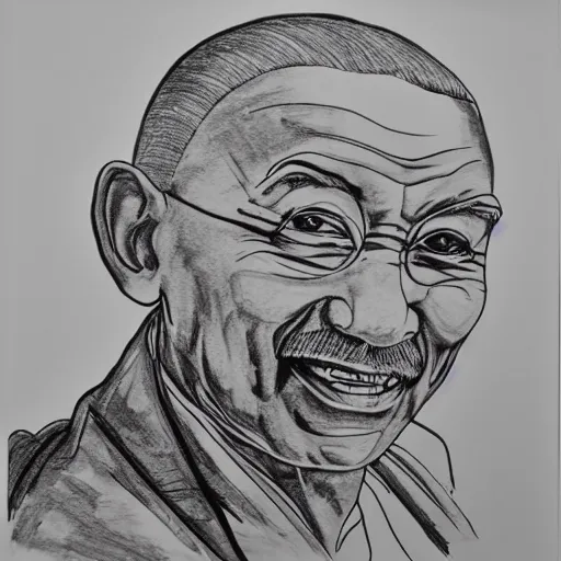 Prompt: continuous single line contour - drawing of ghandi, pen on white paper