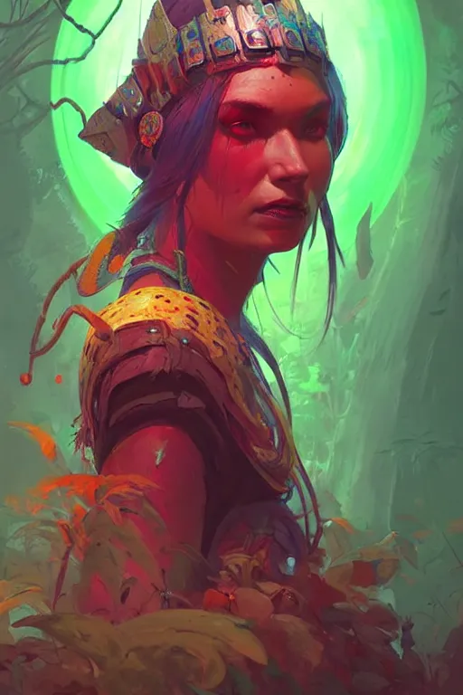 Prompt: Portrait of Shaman Queen in neon forest, digital art from artstation by Andreas Rocha and Greg Rutkowski and Peter Mohrbacher