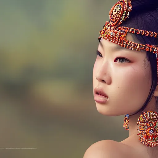 Image similar to portrait of a stunningly beautiful alluring asian tribal female, depth of field, zeiss lens, detailed, symmetrical, centered, fashion photoshoot, by Annie Leibovitz and Steve McCurry, David Lazar, Jimmy Nelsson, Breathtaking, 8k resolution, extremely detailed, beautiful, establishing shot, artistic, hyperrealistic, beautiful face, octane render