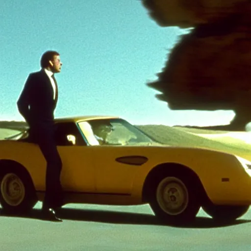 Image similar to car chased by anothrr car which is flying in the sky, movie still of James bond