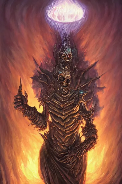 Image similar to a full body high detail fantasy portrait oil painting illustration of the torment nexus, a box of death and evil, glowing internally by justin sweet with face and body clearly visible, insane, realistic proportions, d & d, rpg, forgotten realms, artstation trending, high quality, sombre mood, artstation trending, muted colours, entire person visible!