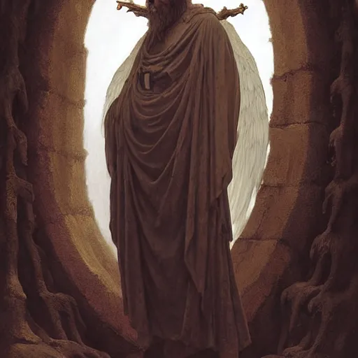 Prompt: man dressed as an giant gigarette, standing in the front of gates of hell. angel is draped with bones. digital painting. art station. mood lighting. skindness, highly detailed, concept art, intricate, sharp focus, einar jonsson and bouguereau - h 1 2 0 0