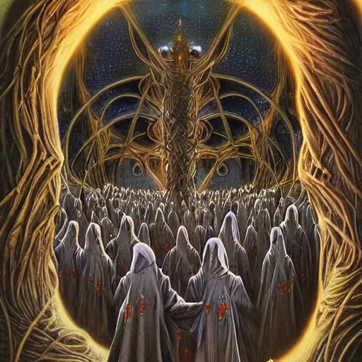 Image similar to a dark cabal of hooded elven mystics in long robes gathered in a circular formation around a highly advanced quantum computer processing the spirits of the dead, dan seagrave art, michael whelan