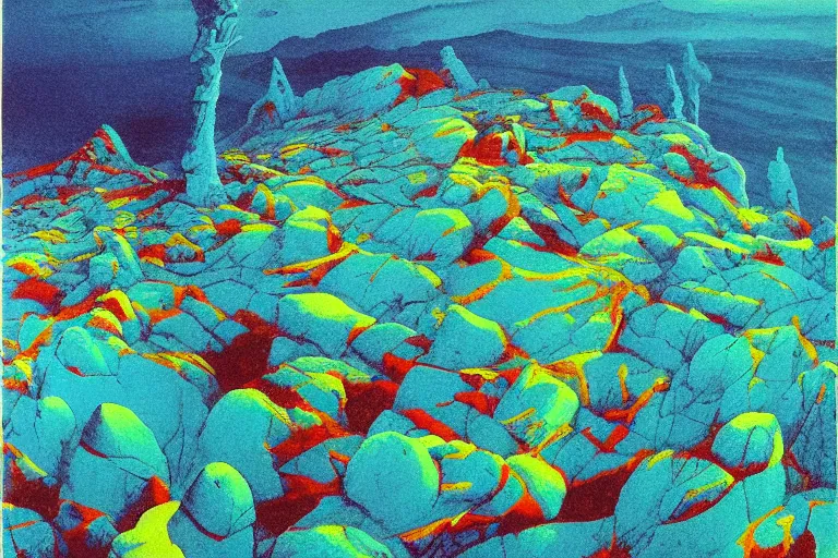 Image similar to craggy rock plains, art by beksinski and pauline baynes, trending on artstation, iridescent cool blue and cyan and red and blue and yellow and green lighting camera view from above surrealism, very very intricate, concept art, fisheye lens, situationist international