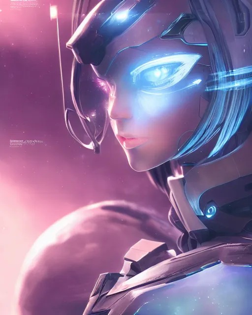 Image similar to perfect android girl on a mothership, warframe armor, beautiful face, scifi, futuristic, galaxy, nebula, raytracing, dreamy, long white hair, blue cyborg eyes, sharp focus, cinematic lighting, highly detailed, artstation, divine, by gauthier leblanc, kazuya takahashi, huifeng huang