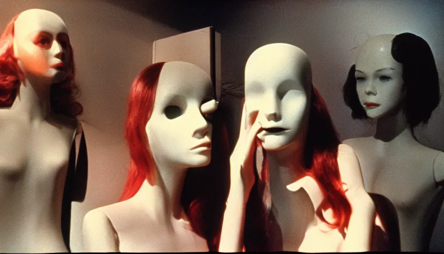 Image similar to 7 0 s film still from a horror movie about mannequins come to life, kodachrome, cinecolor, cinestill, film grain, film texture, retro, cinematic, high resolution, photorealism,