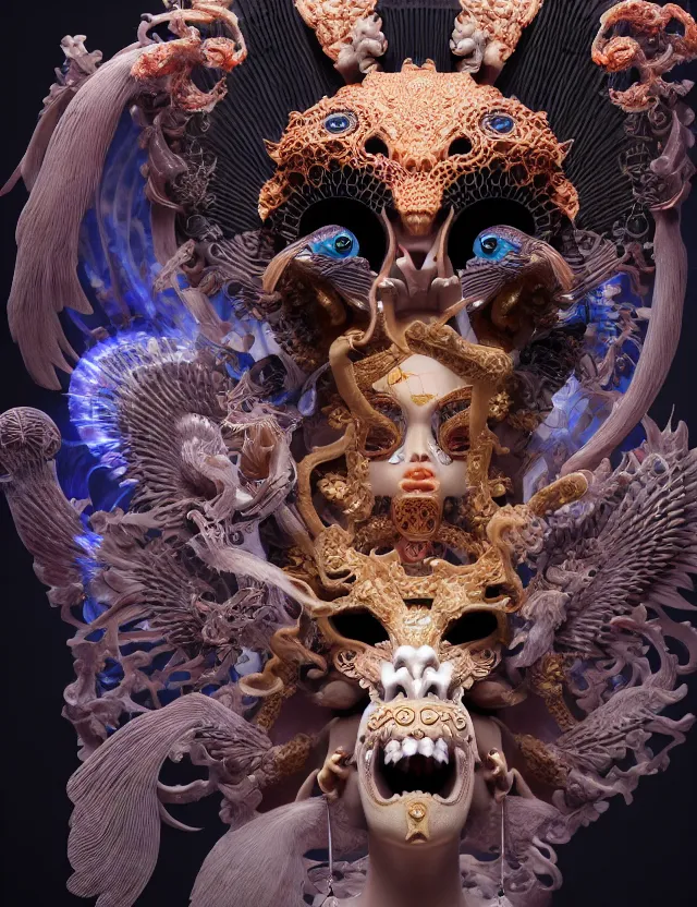 Image similar to 3 d goddess of hell close - up profile portrait with ram skull. beautiful intricately detailed japanese crow kitsune mask and clasical japanese kimono. betta fish, jellyfish phoenix, bio luminescent, plasma, ice, water, wind, creature, artwork by tooth wu and wlop and beeple and greg rutkowski